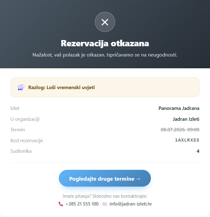 E-mail koji gost prima — razlog istaknut, ton pun razumijevanja