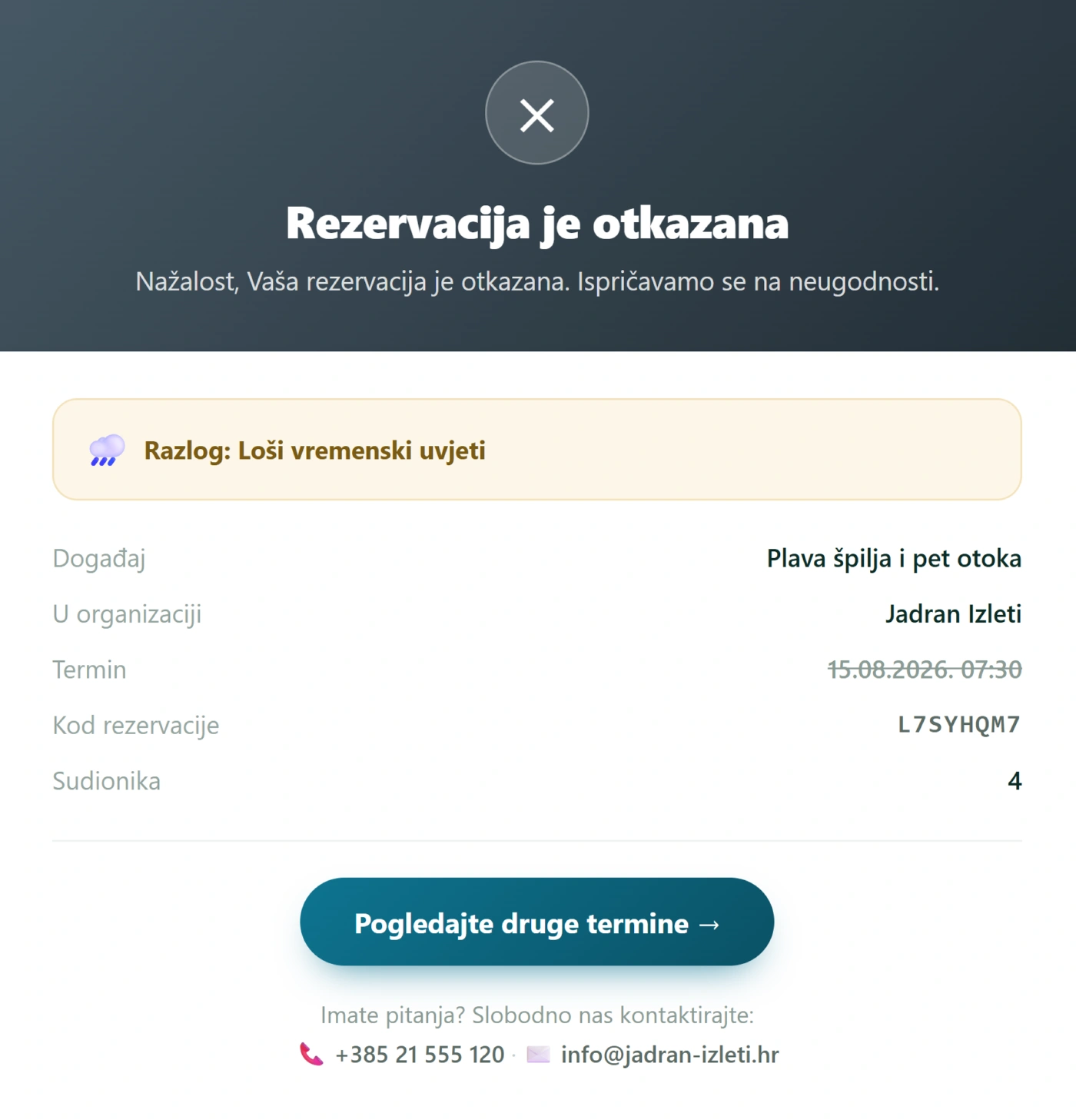 E-mail koji gost prima – razlog istaknut, ton pun razumijevanja