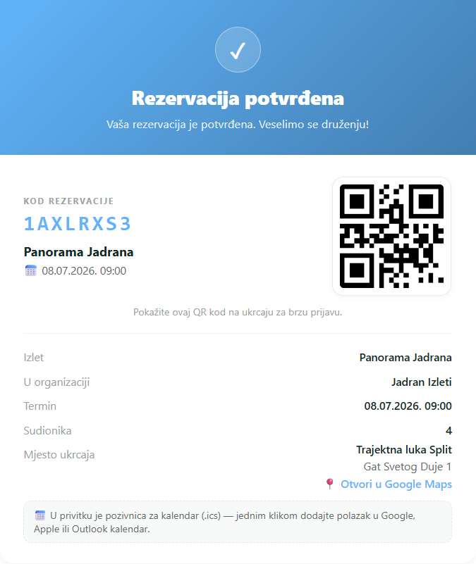Potvrda: kod, QR za ukrcaj, iCal pozivnica i rekapitulacija cijene