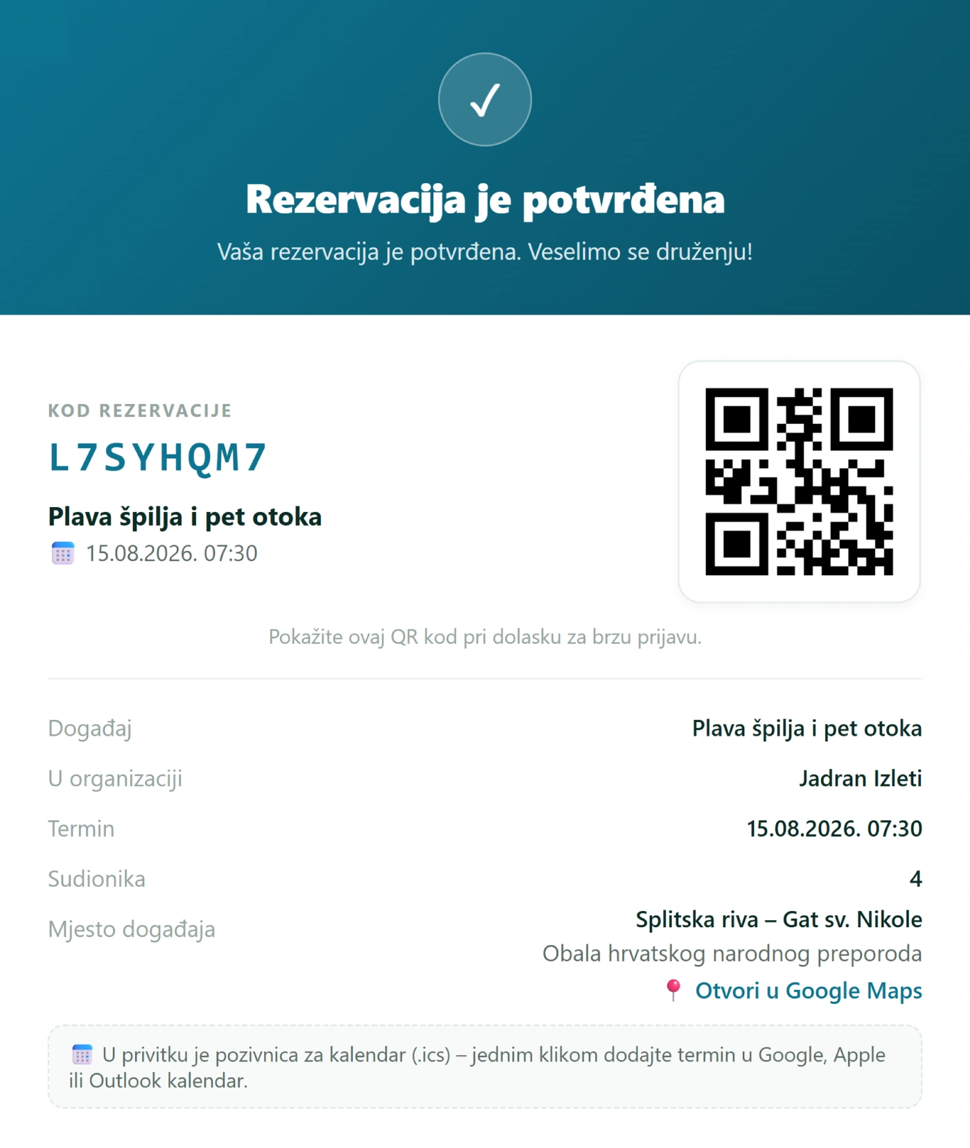 Potvrda: kod, QR za prijavu, iCal pozivnica i rekapitulacija cijene