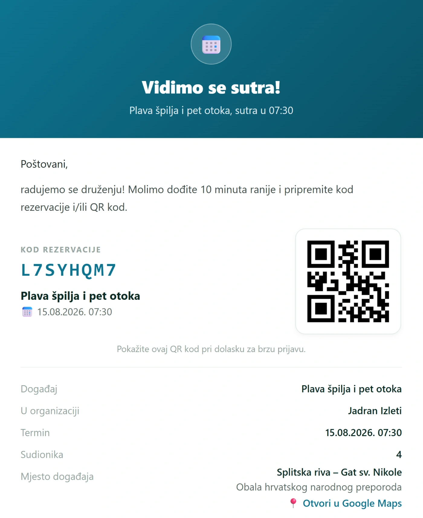 Podsjetnik: vrijeme, lokacija s navigacijom i što ponijeti